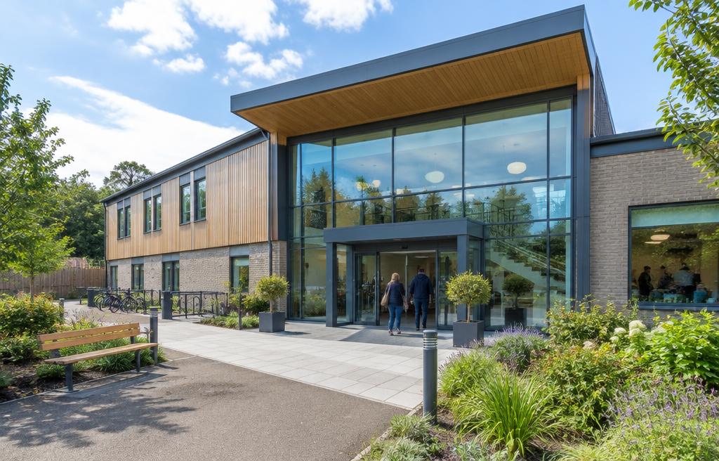 An illustrative community centre in a welcoming setting